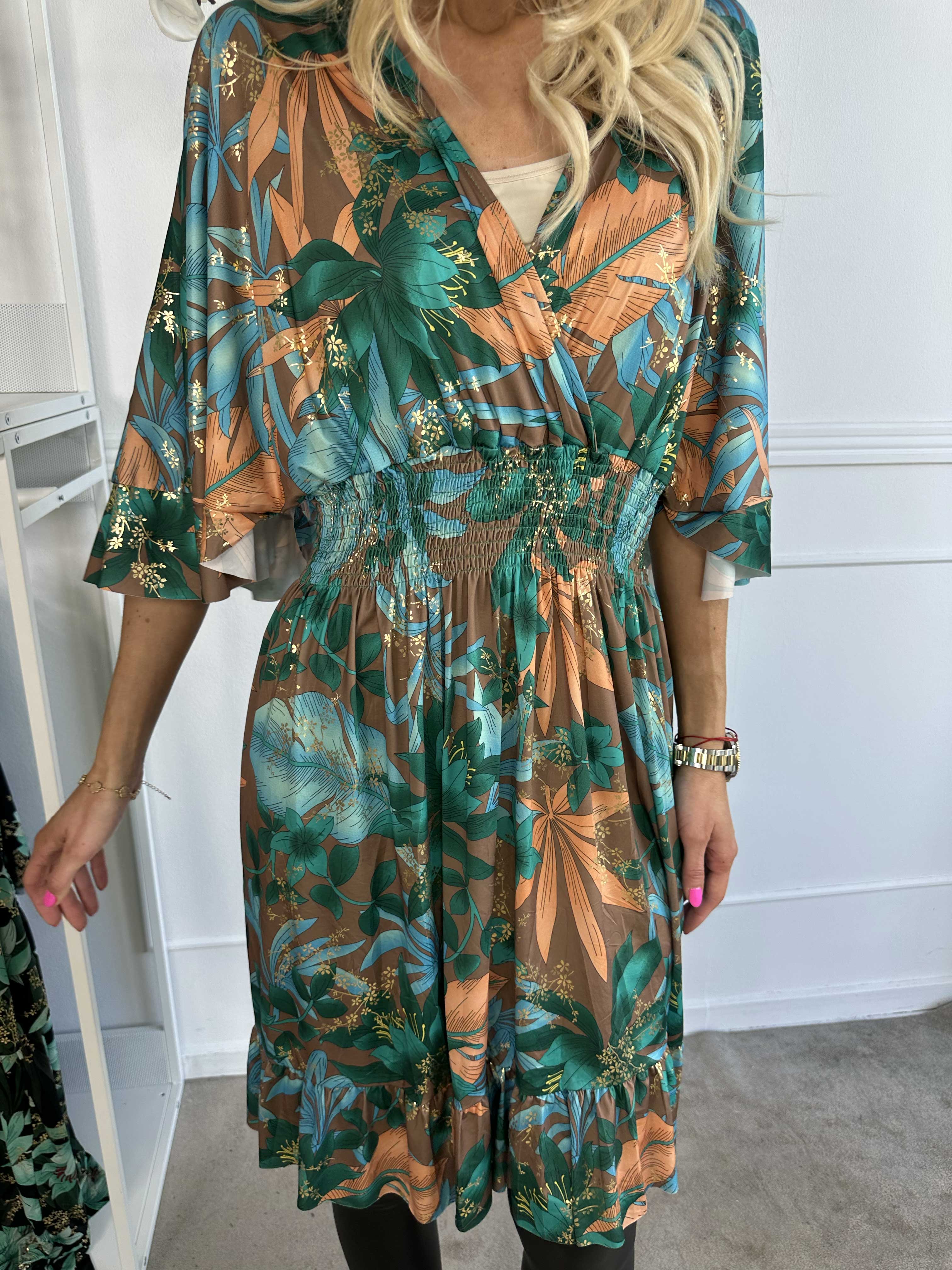 Pamela Gold Flower Short - Elastisk kjole med smock og flæser